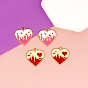 Pink heart enamel alloy charms with drip pattern and heartbeat for DIY jewelry making