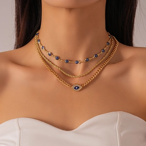Evil Eye Multi Layer Necklace Alloy Rhinestone Blue Beads Cuban Twisted Rope Chain Retro Boho Jewelry For Women