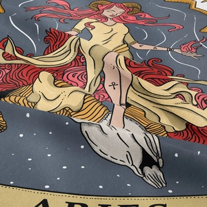 Macro detail of Aries zodiac tapestry showing the soft woven fabric texture and artistic print