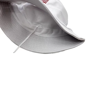 White canvas bucket hat with embroidered US flag and adjustable inner drawstring strap