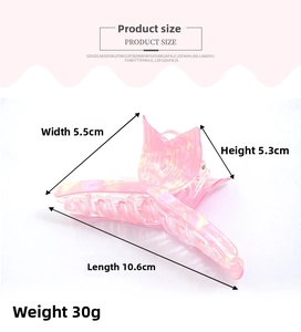 Detailed view of pink pearlescent fishtail hair claw clip showing 10.6cm size dimensions