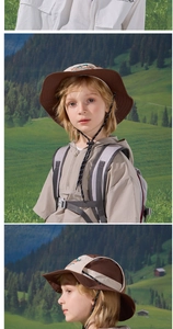 Detail of children's wide-brim sun hat with Wilderness Expert embroidery and wind cord