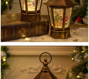 Close-up of vintage bronze Christmas lantern with glitter snow and santa scene