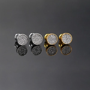 Hip-hop style gold and silver round stud earrings with iced-out paved zircon stones