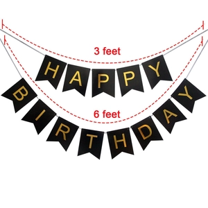 Detail showing dimensions of black Happy Birthday banner with gold foil lettering