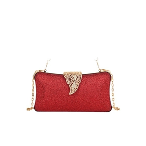 Sparkling red evening clutch bag with golden leaf clasp and chain strap for parties