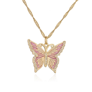 Elegant 18K gold plated copper butterfly pendant necklace with pink enamel and zircons