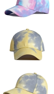 Detailed views of cotton tie-dye baseball caps in pink-purple and yellow-grey patterns