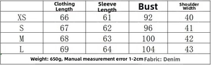 Detailed size chart for denim blazer including length, sleeve, bust and shoulder measurements