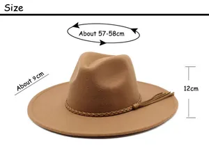 Detailed size chart for the khaki wool jazz hat with crown height and brim width