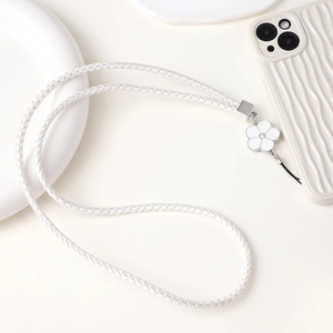 Close-up of white woven PU leather phone lanyard with camellia flower charm detail
