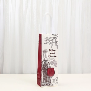 Beige kraft wine gift bag with red Wine and Cheese print and durable handles