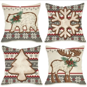 Set of 4 Christmas linen pillow covers with red and blue bear and reindeer prints