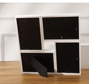 Rear view of white 4-opening collage frame showing sturdy black backing and swivel clips