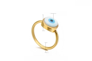 Macro detail of 12mm evil eye ring in gold stainless steel with turquoise and shell