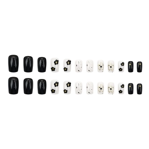 Black and white floral false nails set in short square shape with 24-piece assorted designs