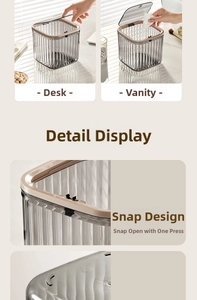 Detailed views of gray striped desktop bin showing its press-lid and storage usage