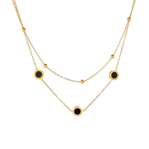 Double-layered gold titanium steel necklace with black shell Roman numeral pendants