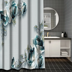Dettaglio della tenda da doccia 3D con rosa blu e motivo floreale impermeabile