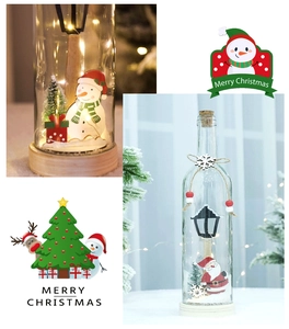 Close-up of LED Christmas wishing bottle with glass jar, wooden base, and snowman miniature