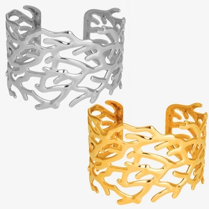 Detail of 18K gold and silver plated C-shaped open cuff bracelets with coral hollow texture