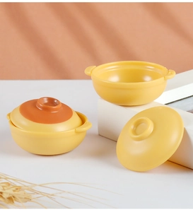 Miniature yellow dollhouse clay pot with lid and side handles for kitchen DIY play