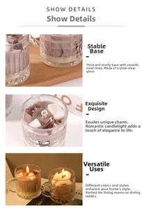 Detail of vertical striped glass aromatherapy candle with dessert-style wax floral design