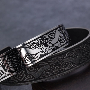 Polished and vintage stainless steel open bangles with Celtic dragon knot engravings