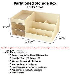 Detail of drawer-style cosmetic organizer with multi-grid storage and clear PS drawers