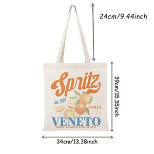 Canvas tote bag with orange Spritz print and dimensions 34x39cm shown on white background