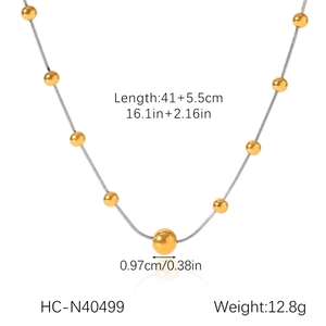 Detail showing two-tone steel bead necklace size 41+5.5cm and 12.8g weight specs