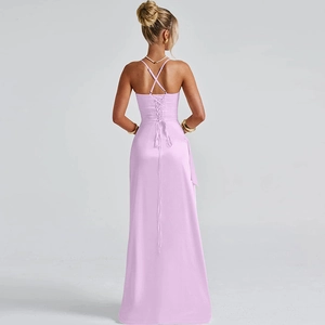 Detail of cross straps and lace-up back design on a lavender satin evening dress