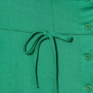 Green linen blend sleeveless dress featuring drawstring waist and button details