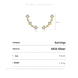 Detailed size specifications for S925 sterling silver curved zircon stud earrings
