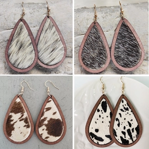 Vintage Teardrop Dangle Earrings Wood And Genuine Cowhide Hair Leather Leopard Cow Print Bohemian Style Jewelry