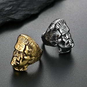 3D Frankenstein monster head rings in polished 18K gold and silver stainless steel