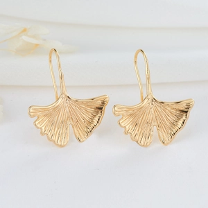 Elegant 14K gold plated ginkgo leaf drop earrings with detailed fan-shaped textures