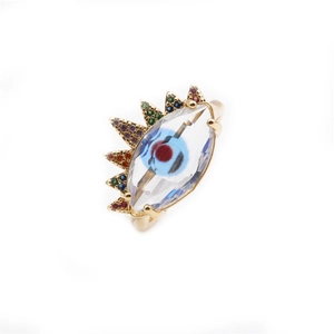 Minimalist evil eye open ring in gold finish with colorful crystals for women
