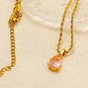 18k gold plated twist chain necklace with a pink teardrop gemstone pendant for women