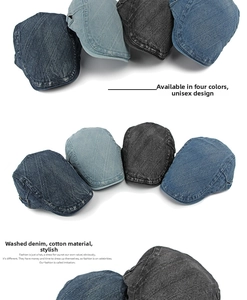 Detailed macro view of four washed denim cotton beret colors with vintage texture