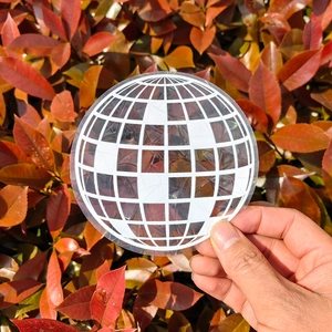 Close-up of a circular disco ball pattern window film held against a natural leaf background