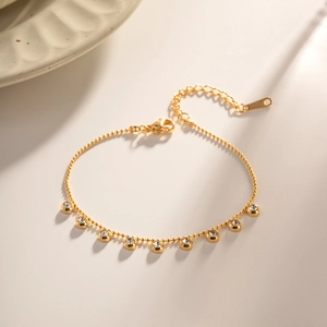 Stainless Steel Bead Chain Bracelet With Round Inlaid Zirconia Charms Fashion Jewelry For Women