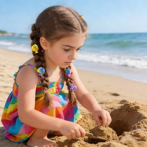 Close-up of a girl wearing colorful sea creature hair clips like fish and octopus on a beach