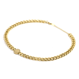 Golden titanium steel cuban link necklace with minimalist round smiley face pendant charm