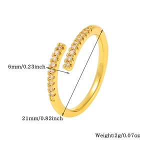 Detail view of a gold open ring with crystals showing size 21mm and weight 2g