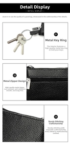 Detail view of premium black lychee grain leather wallet with silver key ring and zipper