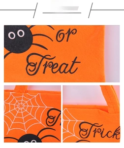 Macro view of Halloween felt gift bag featuring Trick or Treat text and spiderweb motif