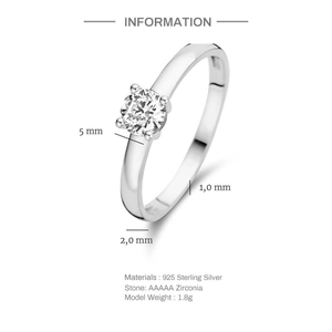 Detail showing 925 silver ring dimensions with 5mm AAAAA zircon and 2mm band width