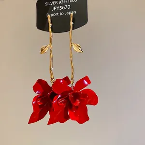 Red Flower Long Drop Earrings With 925 Sterling Silver Earring Post Golden Branch Vintage Elegant Statement For Women