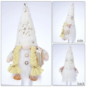 Three-sided view of a plush Christmas gnome with blonde braids and silver sequin hat